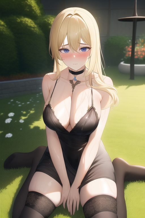 portrait of a mature noble girl, wet shoulder length blond hair, delicate facial features, blush, kneeling in garden, black.png