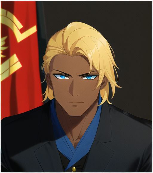 masterpiece portrait, dark skin, yellow hair, muscular male, black suit,blue eyes, soviet flag behind s-1171243361.png