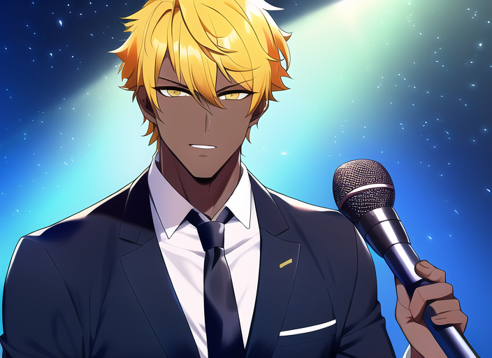 handsome, muscular male, suit, dark skin, yellow hair, short hair, in front of mic s-2949012353.png