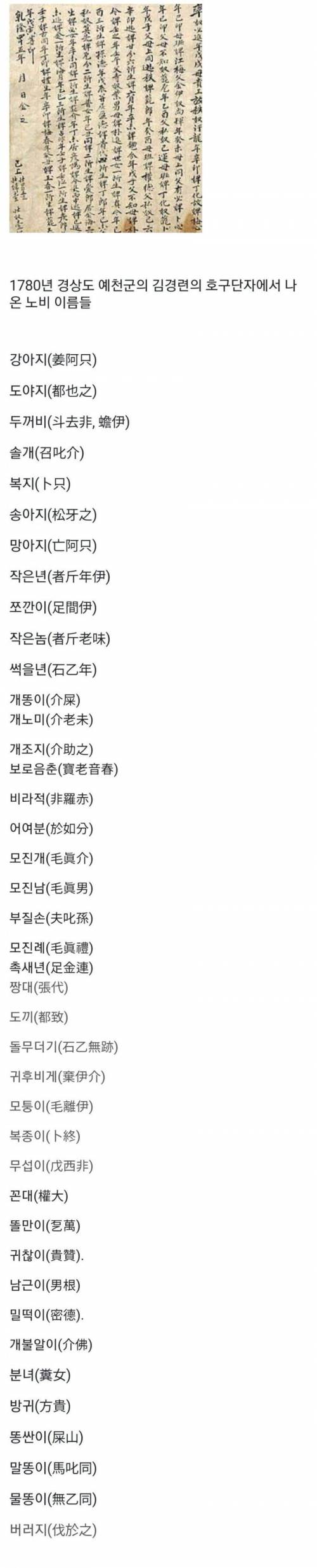 20 최근 발견된 조선시대 노비문서 이름들 목록.jpg