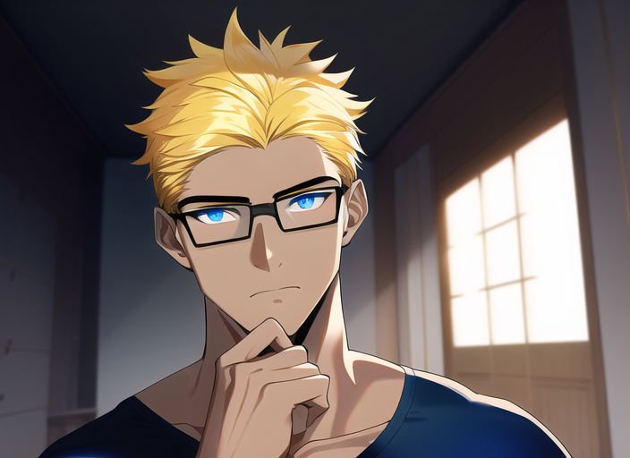masterpiece portrait, dark skin, yellow hair, muscular male, black top,blue eyes, glasses, right hand on chin s-2591050316.png