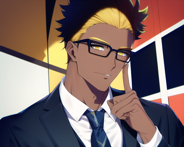 masterpiece, dark skin, yellow hair, muscular male, suit, glasses, finger on glasses s-3300213880.png